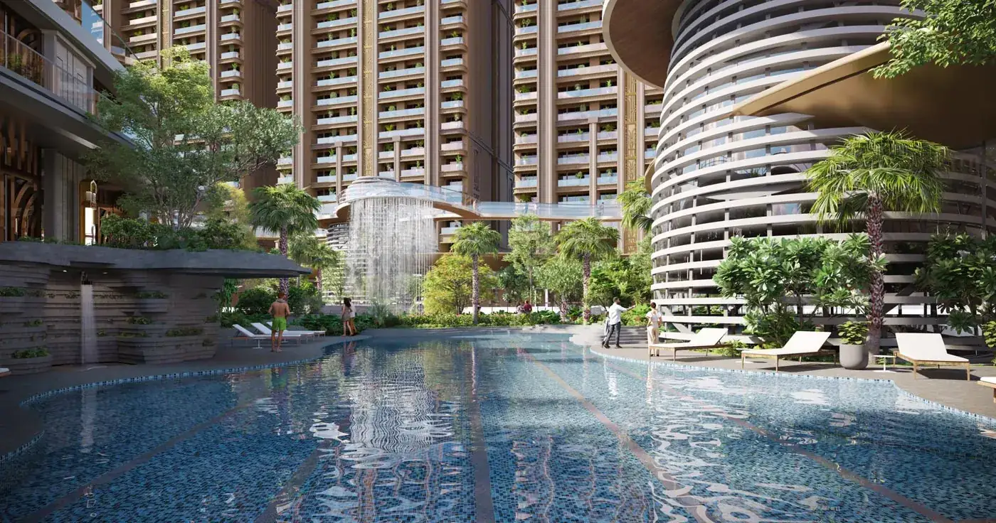 Resort-style pool and curved tower at Whiteland Westin Residences, Sector 103 Gurgaon